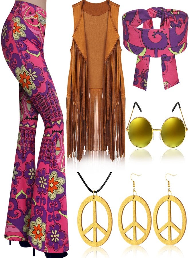 Haull 7 Pcs 60s 70s Outfits for Women Hippie Costume Set Hippie Boho Flared Pants Fringe Vest Tassel Peace Sign Accessories Set (Exotic, X-Large) - Image 1