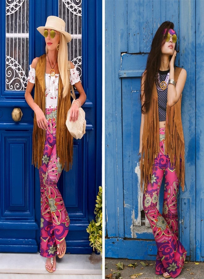 Haull 7 Pcs 60s 70s Outfits for Women Hippie Costume Set Hippie Boho Flared Pants Fringe Vest Tassel Peace Sign Accessories Set (Exotic, X-Large) - Image 4