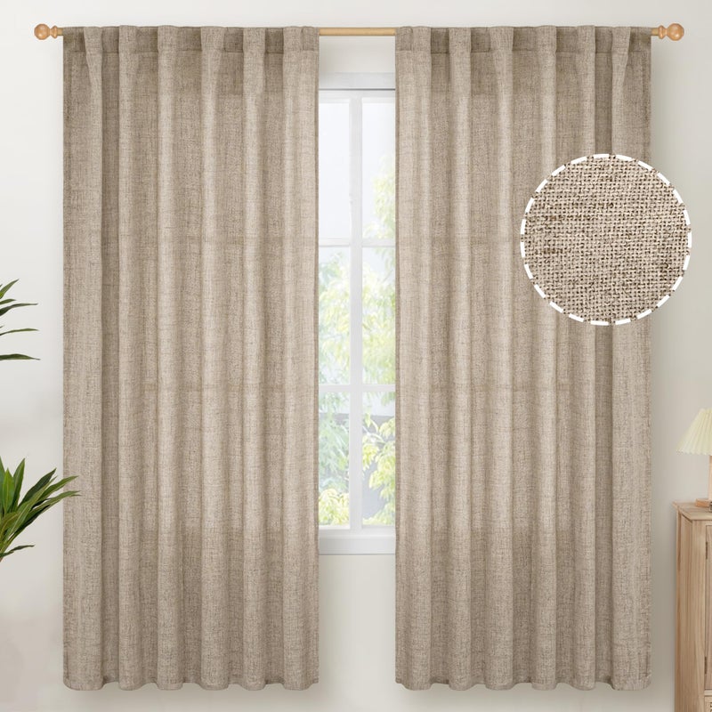 YoungsTex Dark Oatmeal Linen Curtains for Living Room - Tan Burlap Window Drapes Light Filtering with Back Tab Rod Pocket Semi Sheer Privacy for Farmhouse Bedroom, 2 Panels, 52 X 72 Inch - Image 1