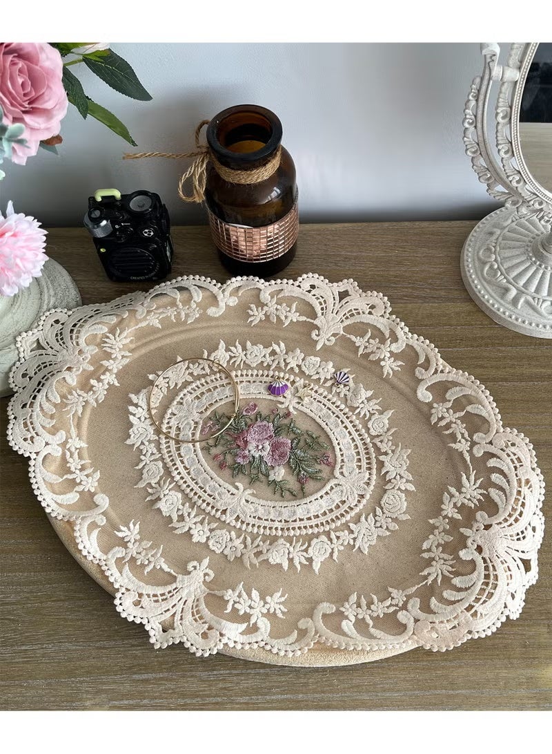 Moonstone Creations 2 Pack Retro French Style Lace Placemats, Fashionable Embroidered Cup Mat vase mat 43x32 cm ,Beige - Image 1