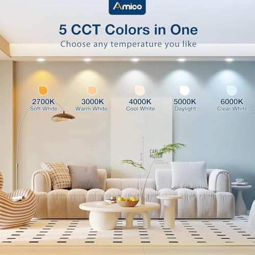 Amico 4 Pack 5/6 inch 5CCT LED Recessed Lighting, Dimmable, 12.5W=100W, 950LM, 2700K/3000K/4000K/5000K/6000K Selectable, Retrofit Can Lights with Baffle Trim, IC Rated - ETL & FCC, White - Image 4