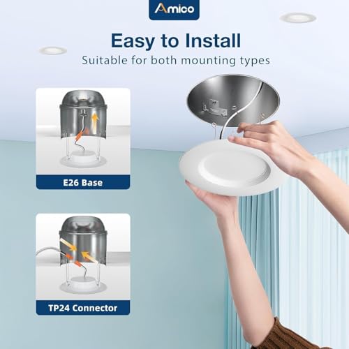 Amico 4 Pack 5/6 inch 5CCT LED Recessed Lighting, Dimmable, 12.5W=100W, 950LM, 2700K/3000K/4000K/5000K/6000K Selectable, Retrofit Can Lights with Baffle Trim, IC Rated - ETL & FCC, White - Image 2
