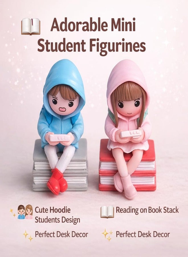 VAYINATO Mini Student Reading Figurines Set – Cute Hoodie Kids Sitting on Books Resin Decor (1 Pair, Random Color) Desk, Shelf, Garden Decoration Gift - Image 2