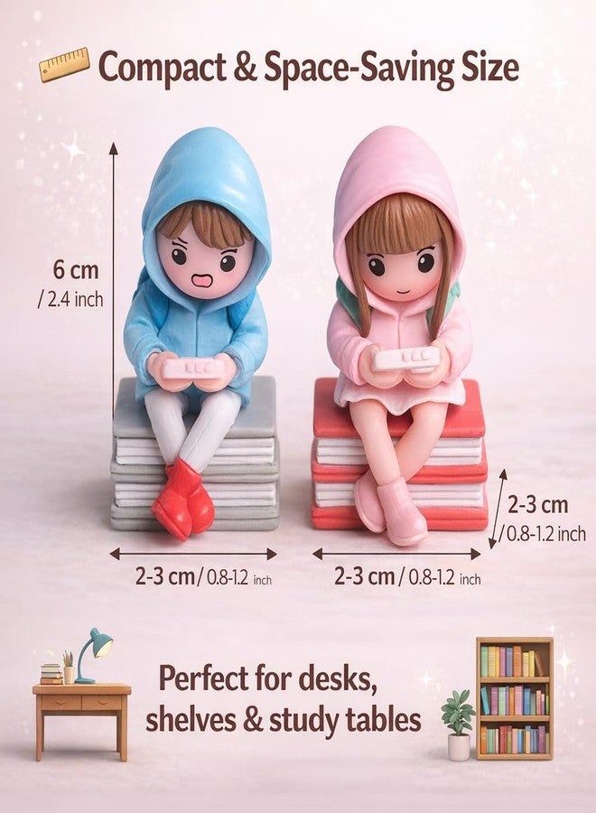 VAYINATO Mini Student Reading Figurines Set – Cute Hoodie Kids Sitting on Books Resin Decor (1 Pair, Random Color) Desk, Shelf, Garden Decoration Gift - Image 3