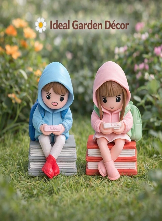 VAYINATO Mini Student Reading Figurines Set – Cute Hoodie Kids Sitting on Books Resin Decor (1 Pair, Random Color) Desk, Shelf, Garden Decoration Gift - Image 5