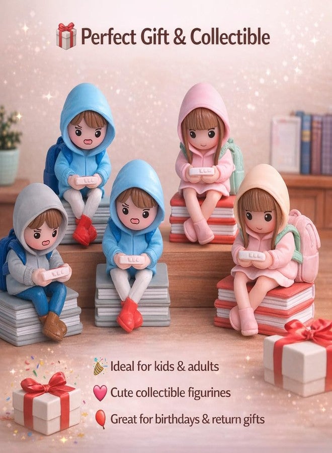 VAYINATO Mini Student Reading Figurines Set – Cute Hoodie Kids Sitting on Books Resin Decor (1 Pair, Random Color) Desk, Shelf, Garden Decoration Gift - Image 4