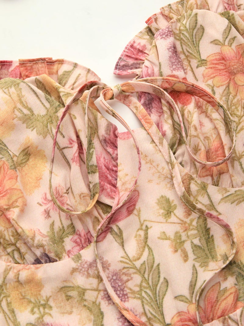 CIDER Women's Self Tie Front A Line Floral Dress Summer Short Dresses Peach Pink - Image 3