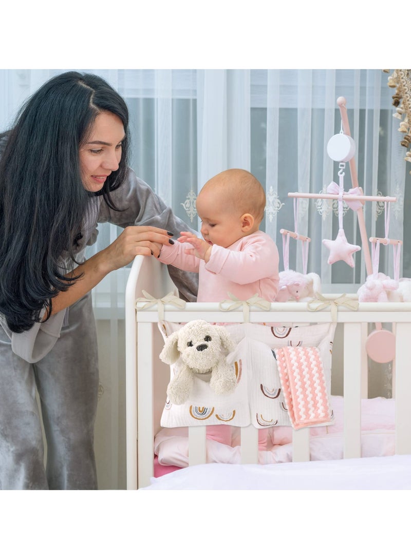 Hanging Storage Bag for Baby Bedside, Linen Baby Nursery Organizer, Small Baby Crib Organizer Bag with 2 Pockets, Baby Hanging Storage Bag for Bottles, Toys, Diapers and Nipples (Rainbow) - Image 4