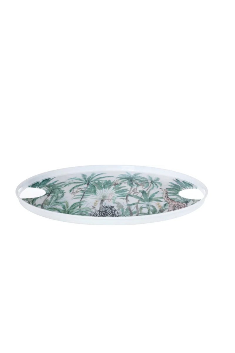 Alsaif Gallery Saif Gallery Plastic Dessert Serving Tray, 36 x 2 cm, Round, Green Pattern, 2 Handles - White