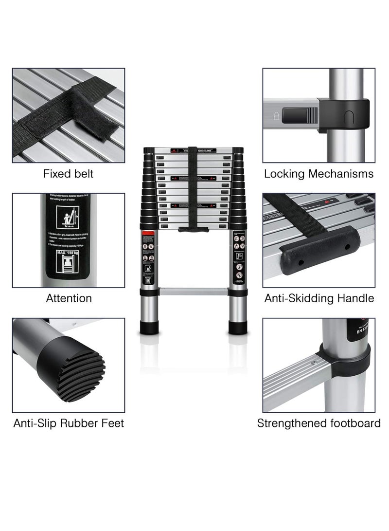 3.8m Telescopic Ladder, Aluminum Folding Ladder with Lock Mechanism, Heavy Duty Extension Ladder with 150kg Load Capacity, Multi-Purpose Compact Ladder for Home Use or Outdoor Work - Image 2