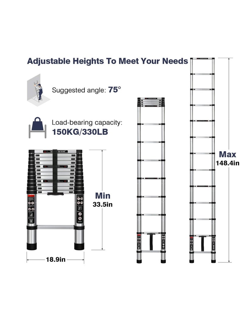 3.8m Telescopic Ladder, Aluminum Folding Ladder with Lock Mechanism, Heavy Duty Extension Ladder with 150kg Load Capacity, Multi-Purpose Compact Ladder for Home Use or Outdoor Work - Image 5