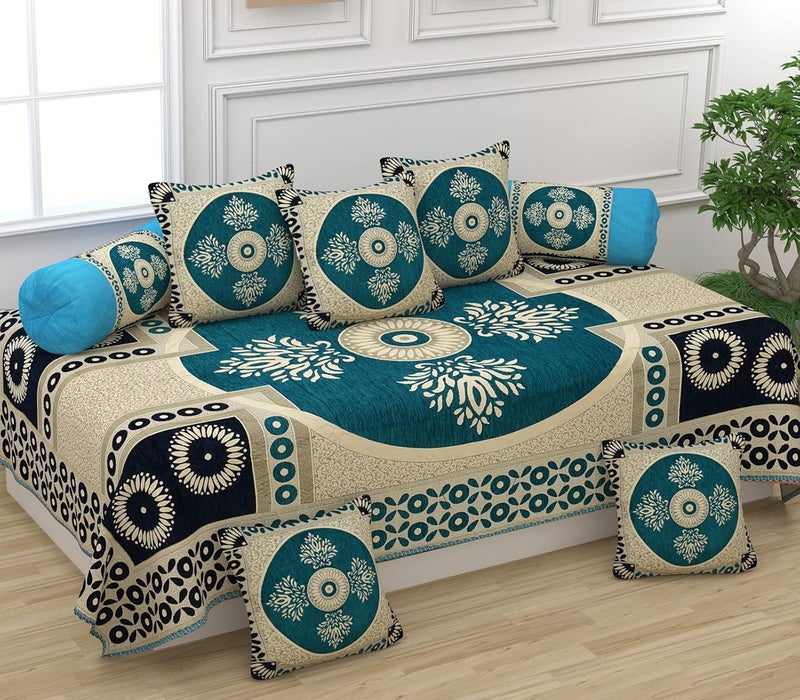 SAWNA HOMES Printed Chenille Velvet Diwan Set 8 Pieces 1 Single Bedsheet 5 Cushion Covers 2 Bolster Covers Printed Velvet Fabric Cover Set Soft for Living Room Bedroom 8 Pieces Sky Blue - Image 1