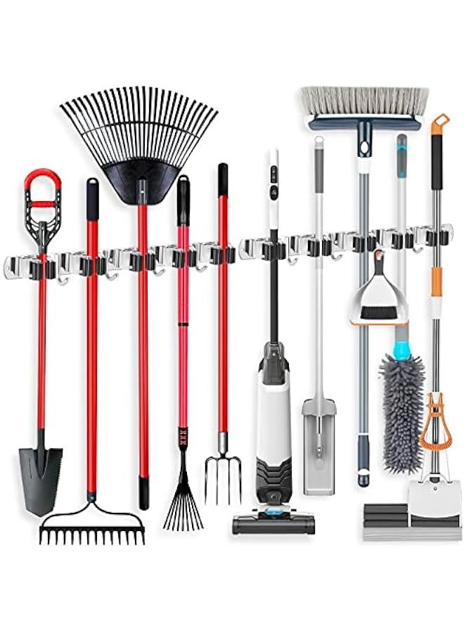 2 Pack Wall Mount Broom Holder Stainless Steel 5 Racks with 4 Hooks Broom Organizer Self Adhesive Heavy Duty Laundry Room, Garage Organization Storage - Image 1
