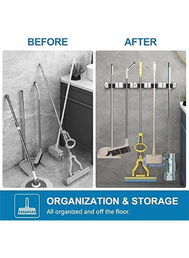 2 Pack Wall Mount Broom Holder Stainless Steel 5 Racks with 4 Hooks Broom Organizer Self Adhesive Heavy Duty Laundry Room, Garage Organization Storage - Image 5