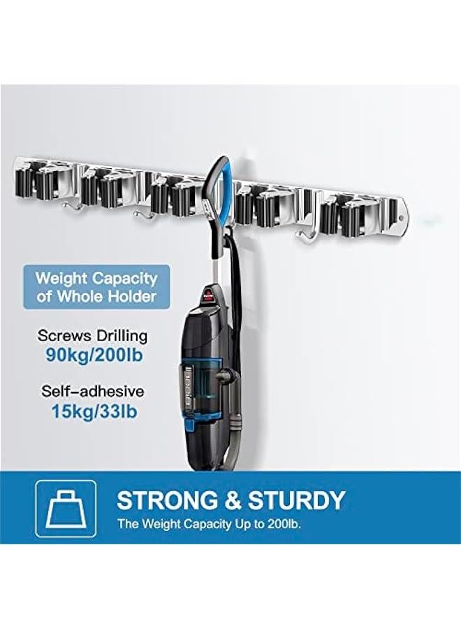 2 Pack Wall Mount Broom Holder Stainless Steel 5 Racks with 4 Hooks Broom Organizer Self Adhesive Heavy Duty Laundry Room, Garage Organization Storage - Image 4