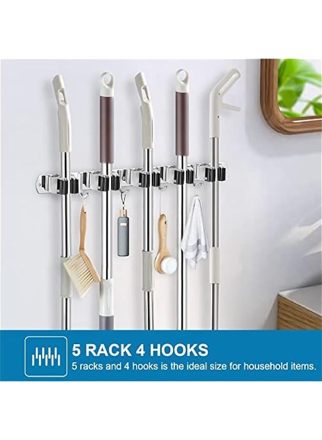 2 Pack Wall Mount Broom Holder Stainless Steel 5 Racks with 4 Hooks Broom Organizer Self Adhesive Heavy Duty Laundry Room, Garage Organization Storage - Image 2