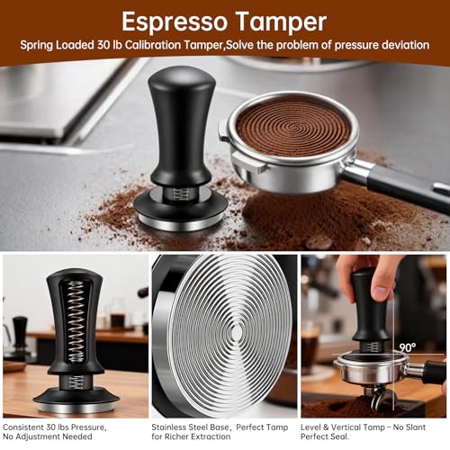YAQUHO 9 Pcs Espresso Accessories Kit, 51mm Espresso Tamper Tools, with Wooden Espresso Tamping Station, Distributor, Stirrer, Dosing Funnel,Puck Screen, Brush, Latte Art Pen and Decorative Stencils - Image 3
