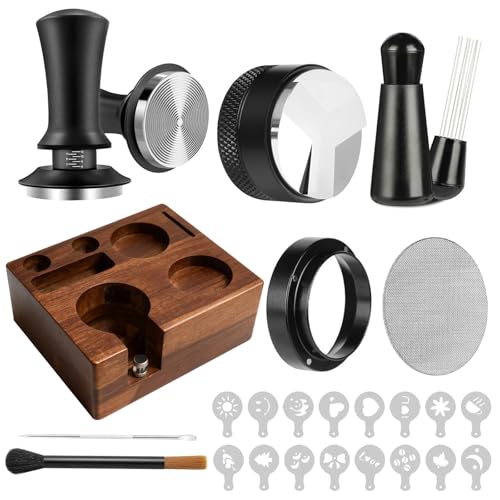 YAQUHO 9 Pcs Espresso Accessories Kit, 51mm Espresso Tamper Tools, with Wooden Espresso Tamping Station, Distributor, Stirrer, Dosing Funnel,Puck Screen, Brush, Latte Art Pen and Decorative Stencils - Image 1
