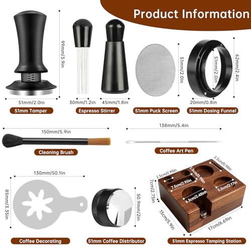 YAQUHO 9 Pcs Espresso Accessories Kit, 51mm Espresso Tamper Tools, with Wooden Espresso Tamping Station, Distributor, Stirrer, Dosing Funnel,Puck Screen, Brush, Latte Art Pen and Decorative Stencils - Image 2