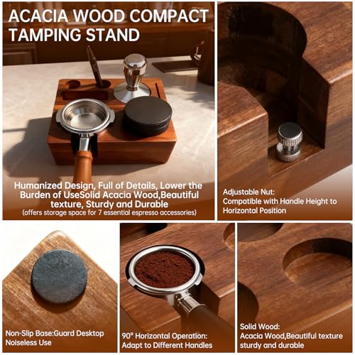 YAQUHO 9 Pcs Espresso Accessories Kit, 51mm Espresso Tamper Tools, with Wooden Espresso Tamping Station, Distributor, Stirrer, Dosing Funnel,Puck Screen, Brush, Latte Art Pen and Decorative Stencils - Image 4