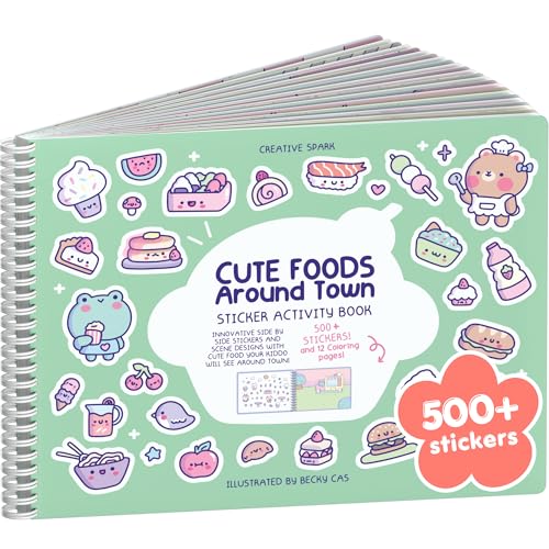 CUPKIN Cute Foods Around Town 500 Sticker Book for Girls by Cupkin Toddler Airplane Activity Coloring Sticker Book Road Trip Essentials 12 Coloring Pages 12 Scenes for Ages 28 Years - Image 1