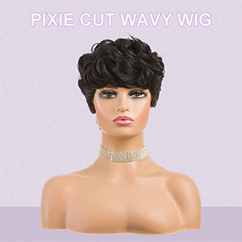 MOONSHOW Short Pixie Wavy Cut Wig, Natural Black Synthetic Layered Curly Wig with Bangs for Women, Heat Resistant, 1B - Image 2