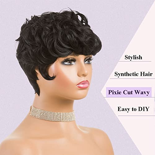MOONSHOW Short Pixie Wavy Cut Wig, Natural Black Synthetic Layered Curly Wig with Bangs for Women, Heat Resistant, 1B - Image 3
