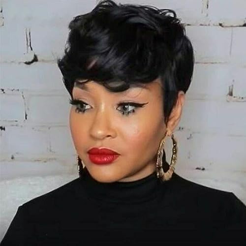 MOONSHOW Short Pixie Wavy Cut Wig, Natural Black Synthetic Layered Curly Wig with Bangs for Women, Heat Resistant, 1B - Image 1