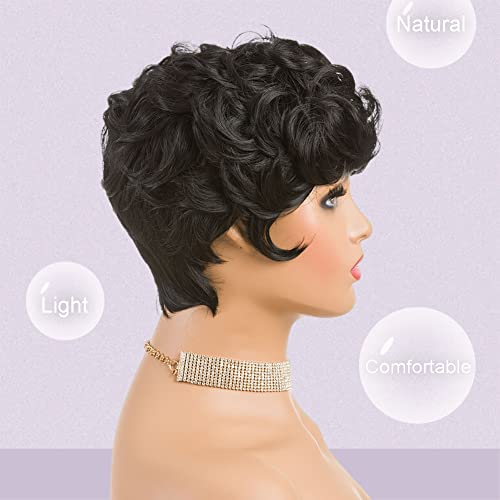 MOONSHOW Short Pixie Wavy Cut Wig, Natural Black Synthetic Layered Curly Wig with Bangs for Women, Heat Resistant, 1B - Image 4