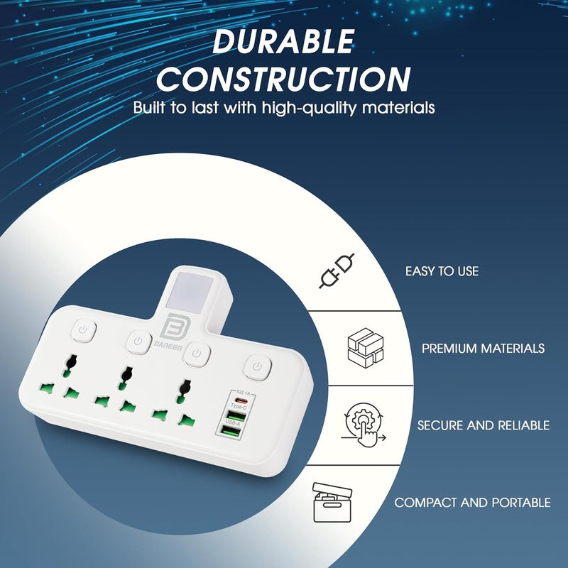 DANEEN 6-in-1 Multi plug power extension socket 3 Outlets, 2 USB Ports, 1 Type-C, LED Night Light, Surge protector, Universal plug adapter 4000W for multiple devices (White)(Socket Extender YS-T06) - Image 4
