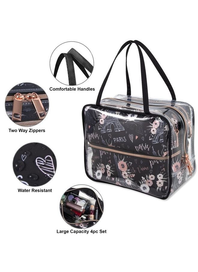 Emma & Chloe - 4 Piece Toiletry Bag Set, Waterproof Home, Travel Cosmetic Train Case Makeup Bags for Women with Handle, Zipper – 4 Makeup Bags Set (Paris Je T'aime) - Image 1