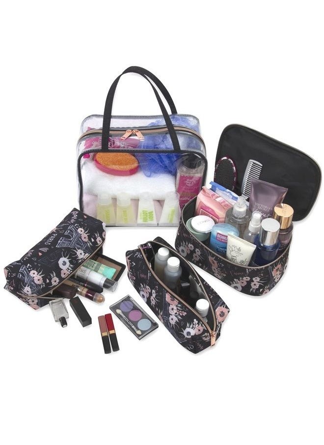 Emma & Chloe - 4 Piece Toiletry Bag Set, Waterproof Home, Travel Cosmetic Train Case Makeup Bags for Women with Handle, Zipper – 4 Makeup Bags Set (Paris Je T'aime) - Image 1
