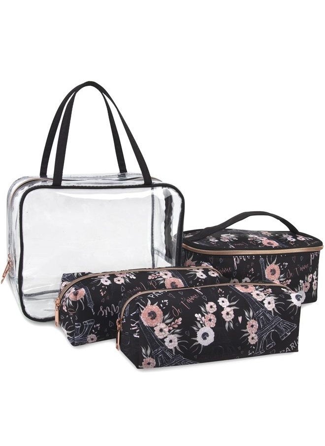 Emma & Chloe - 4 Piece Toiletry Bag Set, Waterproof Home, Travel Cosmetic Train Case Makeup Bags for Women with Handle, Zipper – 4 Makeup Bags Set (Paris Je T'aime) - Image 1