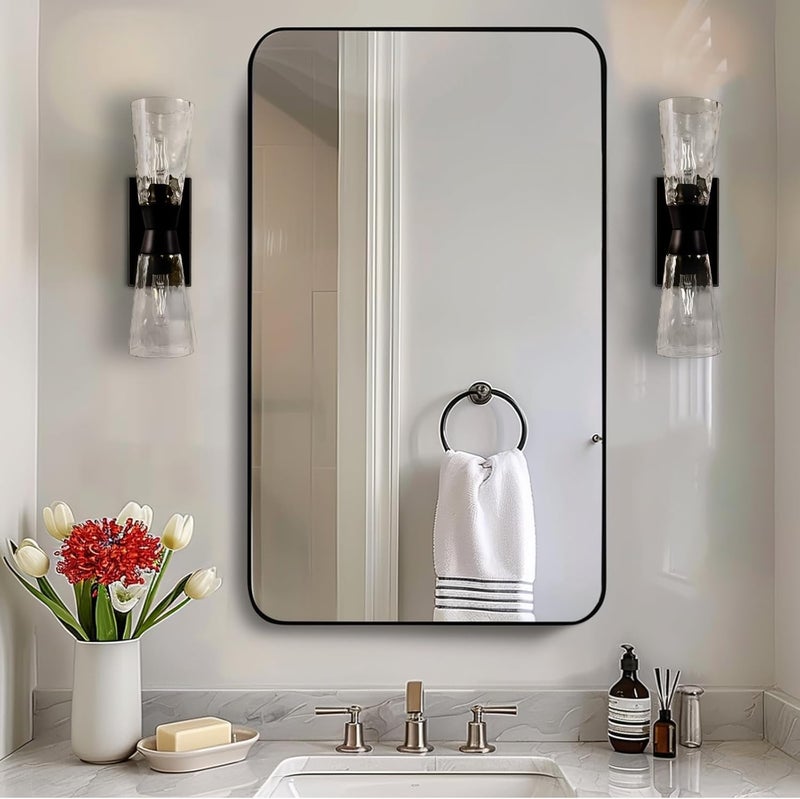 ANDY STAR Black Bathroom Mirror 24x40 Rounded Corner Rectangle Mirror Modern Metal Frame Bathroom Vanity MirrorMatte Black Finish