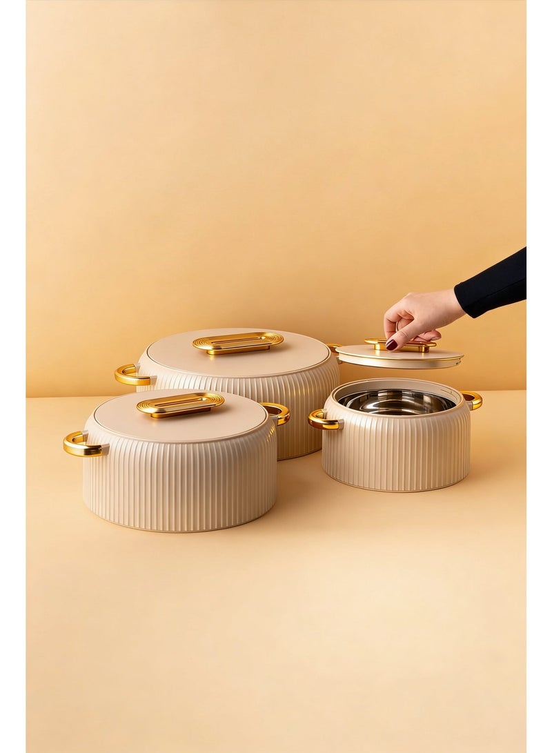 Badraig 3-Piece Casserole Set (1000ml, 1500ml, 2500L) Double-Walled Hotpot with PU Insulation & Stainless Steel Inner, Keeps Food Hot/Cold, Perfect for Serving Chapati, Roti & Mandi - Castella - Image 1