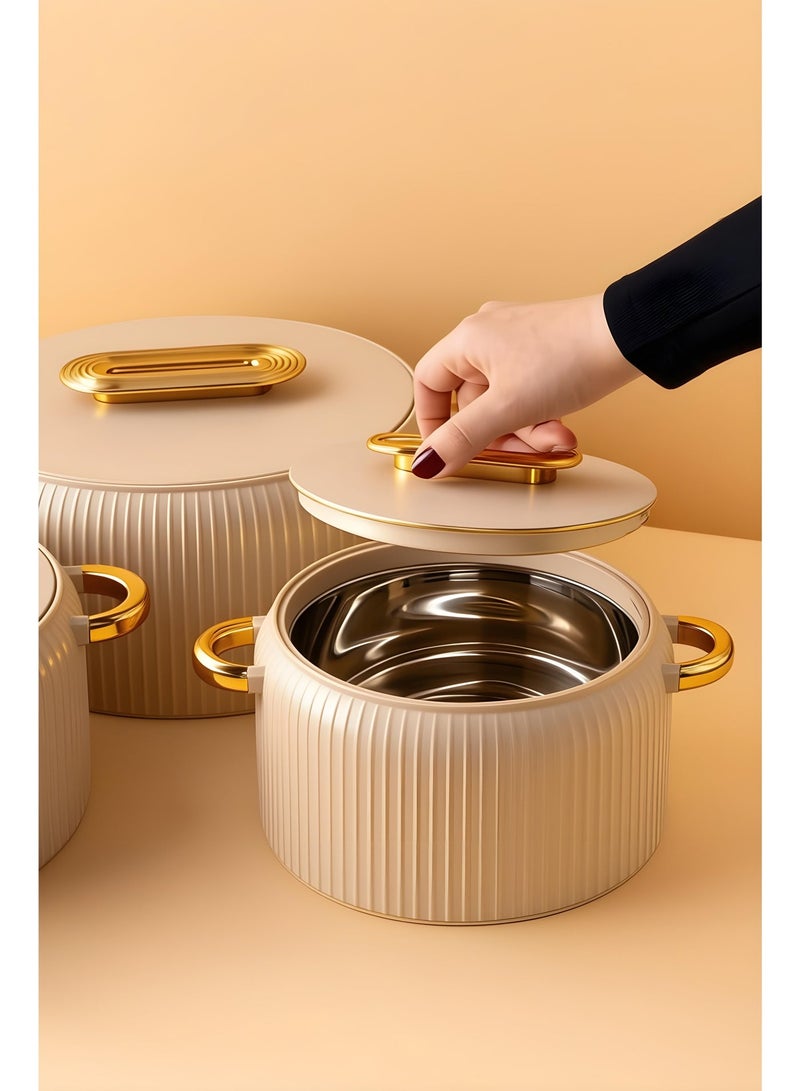 Badraig 3-Piece Casserole Set (1000ml, 1500ml, 2500L) Double-Walled Hotpot with PU Insulation & Stainless Steel Inner, Keeps Food Hot/Cold, Perfect for Serving Chapati, Roti & Mandi - Castella - Image 2