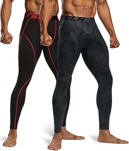 TSLA Men's Thermal Compression Pants, Athletic Sports Leggings & Running Tights, Wintergear Base Layer Bottoms, 2pack Tights Black&red/Woodland Slash Black, Medium - Image 2
