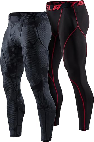 TSLA Men's Thermal Compression Pants, Athletic Sports Leggings & Running Tights, Wintergear Base Layer Bottoms, 2pack Tights Black&red/Woodland Slash Black, Medium - Image 1