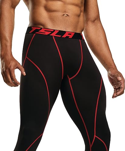 TSLA Men's Thermal Compression Pants, Athletic Sports Leggings & Running Tights, Wintergear Base Layer Bottoms, 2pack Tights Black&red/Woodland Slash Black, Medium - Image 4