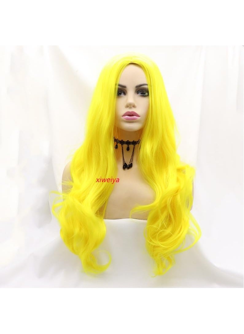 Xiweiya xiweiya Long Yellow Wavy Synthetic Wigs Middle Part Long Body Bright Yellow Wig Heat Resistant Fiber Half Hand Tied Wig For Women 24inch 