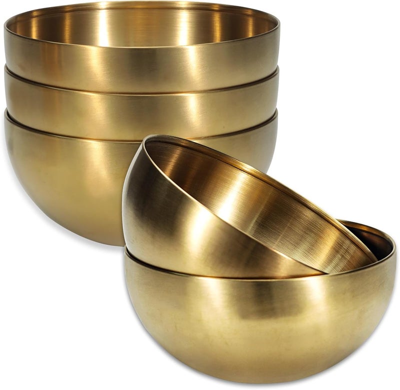 Huakaile 5 Pack 25 Oz Stainless Steel Bowl Set Heat Insulated Metal Soup Bowls Matte Finish Cereal Bowls for Rice Salad Noodle Snack Cooking Kitchen Ice Cream Serving Mixing Prep Gold - Image 1