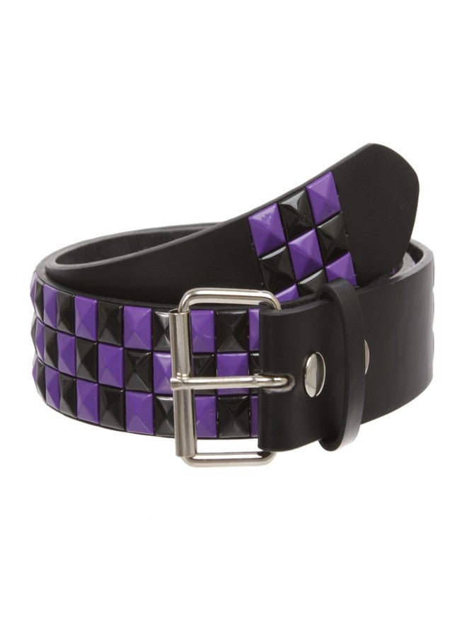 Beltiscool Snap On 1 1/2"-38mm Checkerboard Punk Rock Studded Belt, solid purple/black | s 30"-32" - Image 1