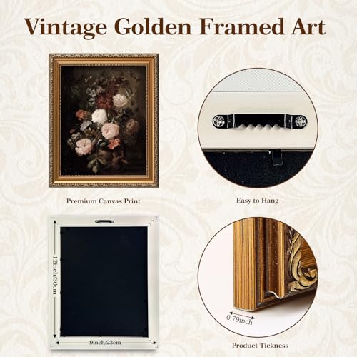 ASTRDECOR Framed Vintage Floral Wall Art Moody Dark Flower Print Antique Botanical Oil Painting Rustic Country Canvas Wall Decor for Living Room Bedroom Shelf 9x12 inches - Image 3