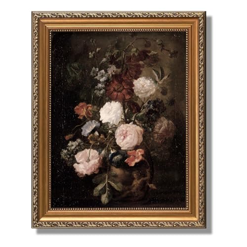 ASTRDECOR Framed Vintage Floral Wall Art Moody Dark Flower Print Antique Botanical Oil Painting Rustic Country Canvas Wall Decor for Living Room Bedroom Shelf 9x12 inches - Image 1