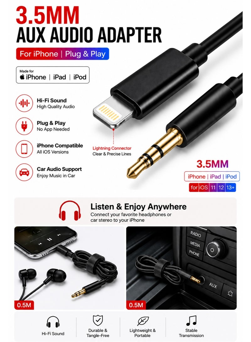 وصلة ايفون AUX لايتنينج إلى 3.5 مم – محول سماعات للايفون – Lightning to AUX Adapter – يدعم المكالمات والصوت – Plug & Play – للسيارة والسماعات - 1 متر - Image 3