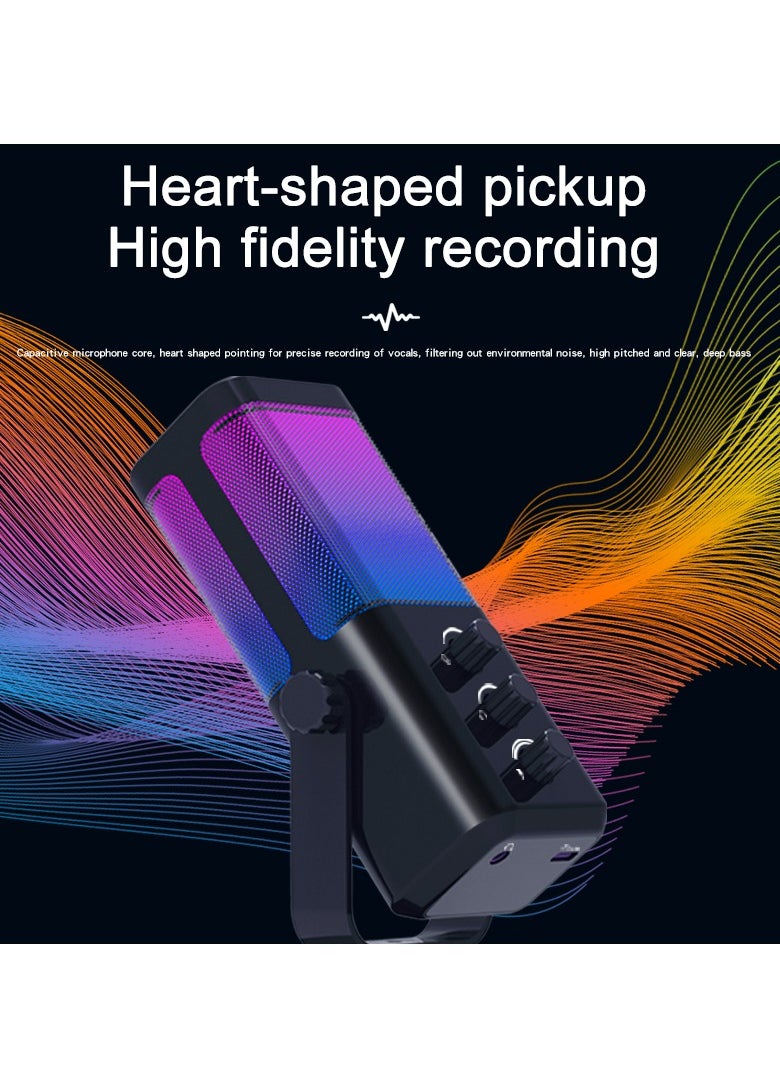 YU'S - M7-35 Dynamic Vlogging Microphone for Gaming Streaming - RGB Light - USB - Mute Button, Headphone Jack, Desktop Stand Audio for Singing Youtube Black Unidirectional - Image 1