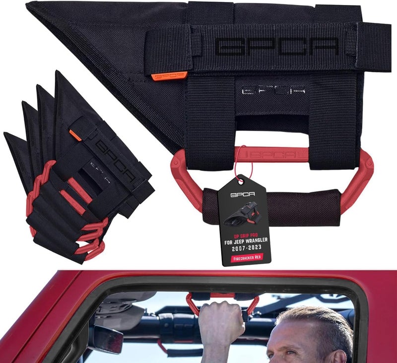 GPCA مقابض معدنية لجيب رانجلر 4xe، JL، JT، JK، سبورت، ساهارا، روبكون وغلايديتور 4DR/2DR 2007-2023 GP Grip PRO، قابلة للطي، براءة اختراع، 4 عبوات، حمراء - Image 1