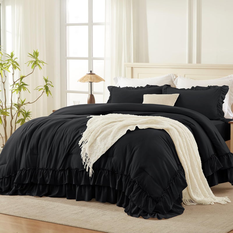 Andency Black Queen Comforter Set(90x90Inch), 3 Pieces Lightweight Fluffy Ruffle Bedding Comforter Sets for Queen Bed, Farmhouse Shabby Chic Soft Microfiber All Season Bed Set - Image 1