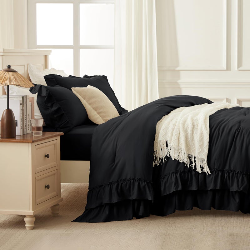 Andency Black Queen Comforter Set(90x90Inch), 3 Pieces Lightweight Fluffy Ruffle Bedding Comforter Sets for Queen Bed, Farmhouse Shabby Chic Soft Microfiber All Season Bed Set - Image 5