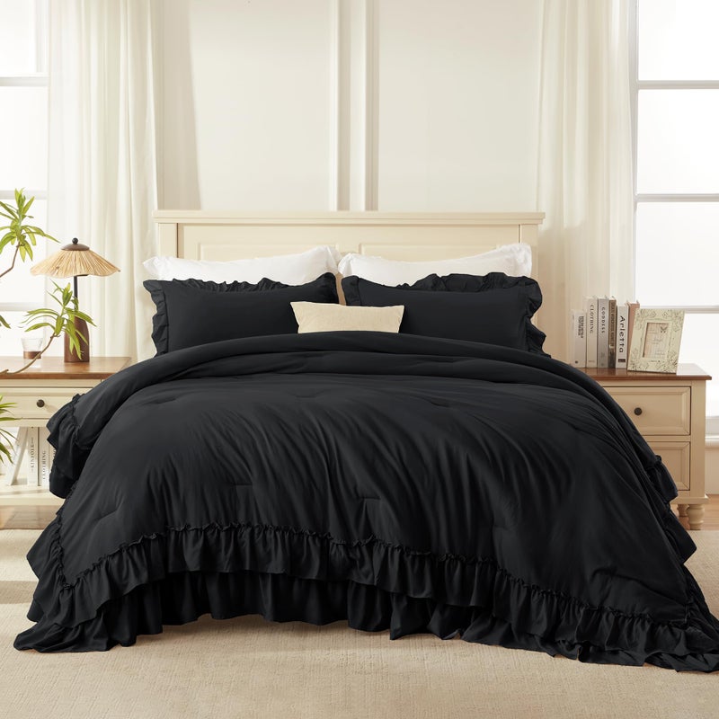 Andency Black Queen Comforter Set(90x90Inch), 3 Pieces Lightweight Fluffy Ruffle Bedding Comforter Sets for Queen Bed, Farmhouse Shabby Chic Soft Microfiber All Season Bed Set - Image 4